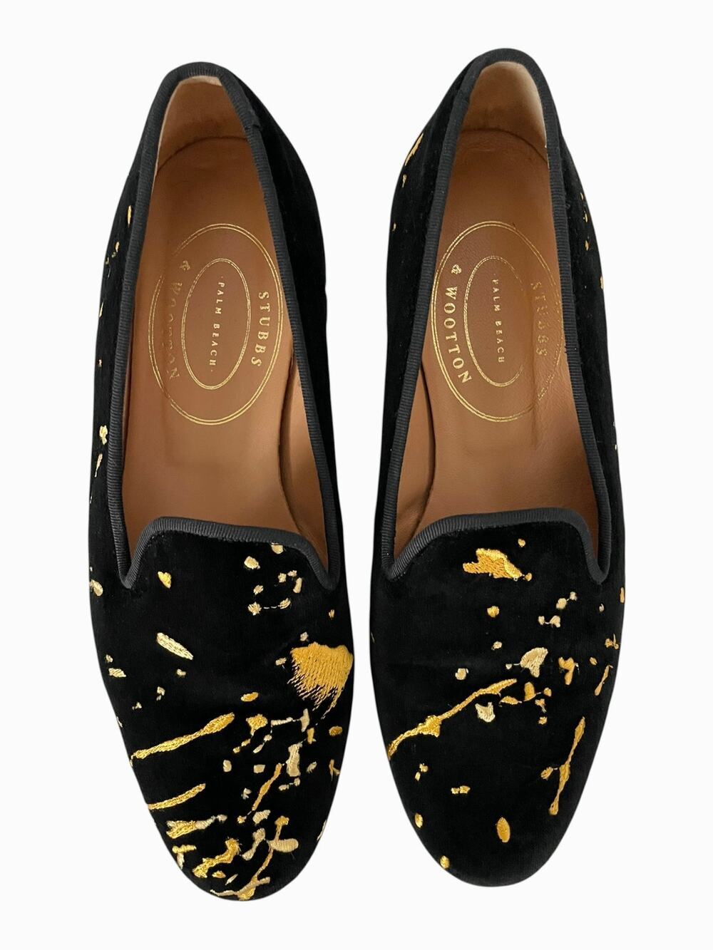 Stubbs & Wootton Pollock Slippers Black Velvet Gold Loafers Paint Splatter 8.5